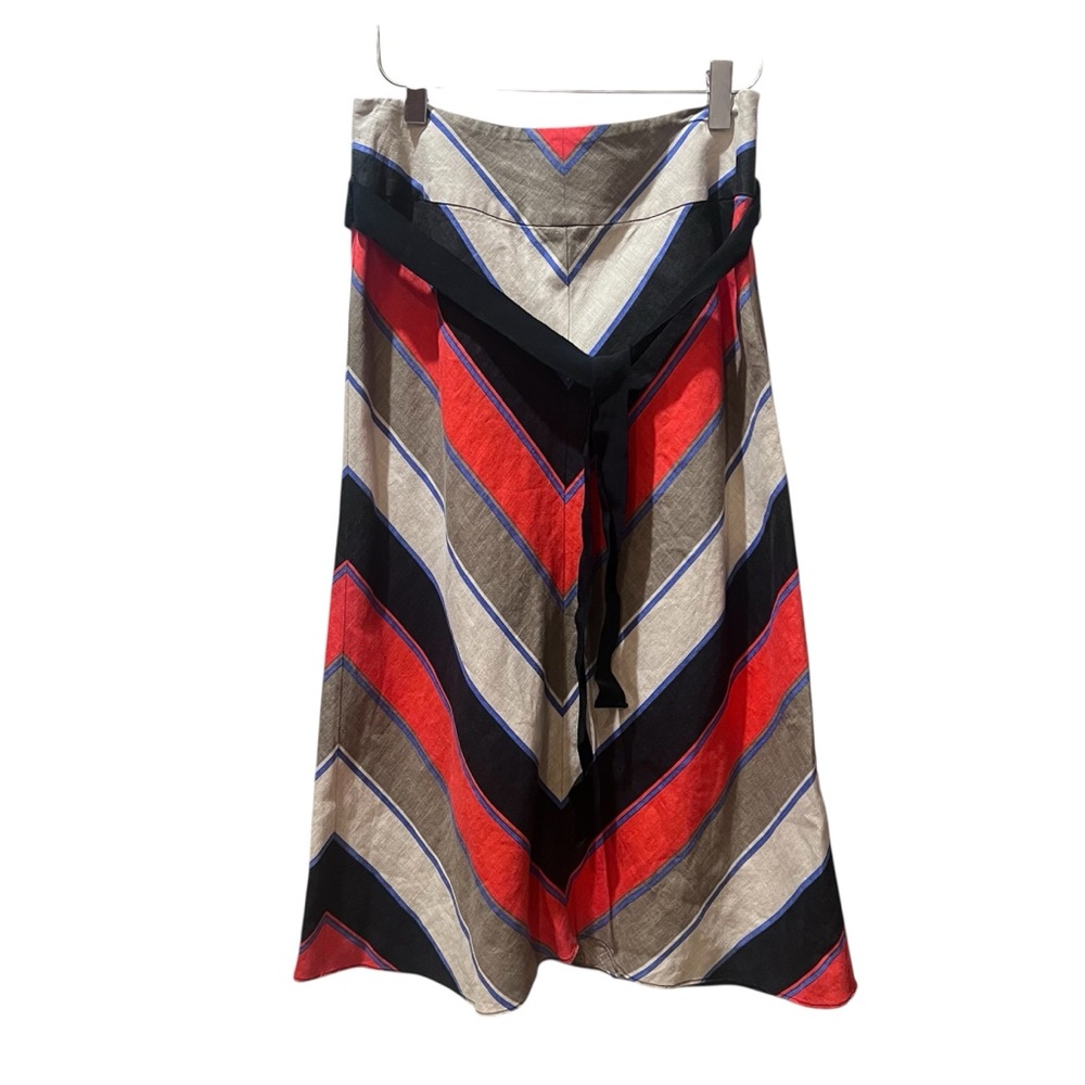 Hobbs London  Chevron A-Line Midi Skirt - Red, Black Tan Flax Linen Uk 8‎